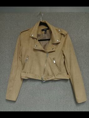 Forever 21 Tan Cropped Suede-Look Moto Jacket